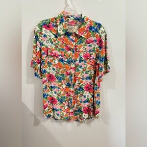 Citrine Rose Floral Hawaiian Button Down Short Sleeve Top Size Medium